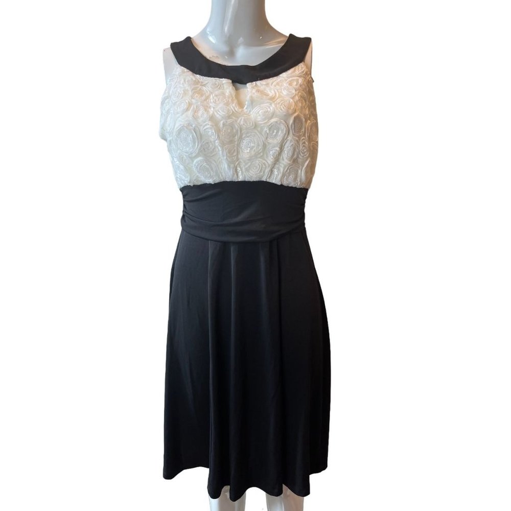 EN Focus Women Colorblock Sheath Dress Floral Sequin Back Keyhole Black White 10